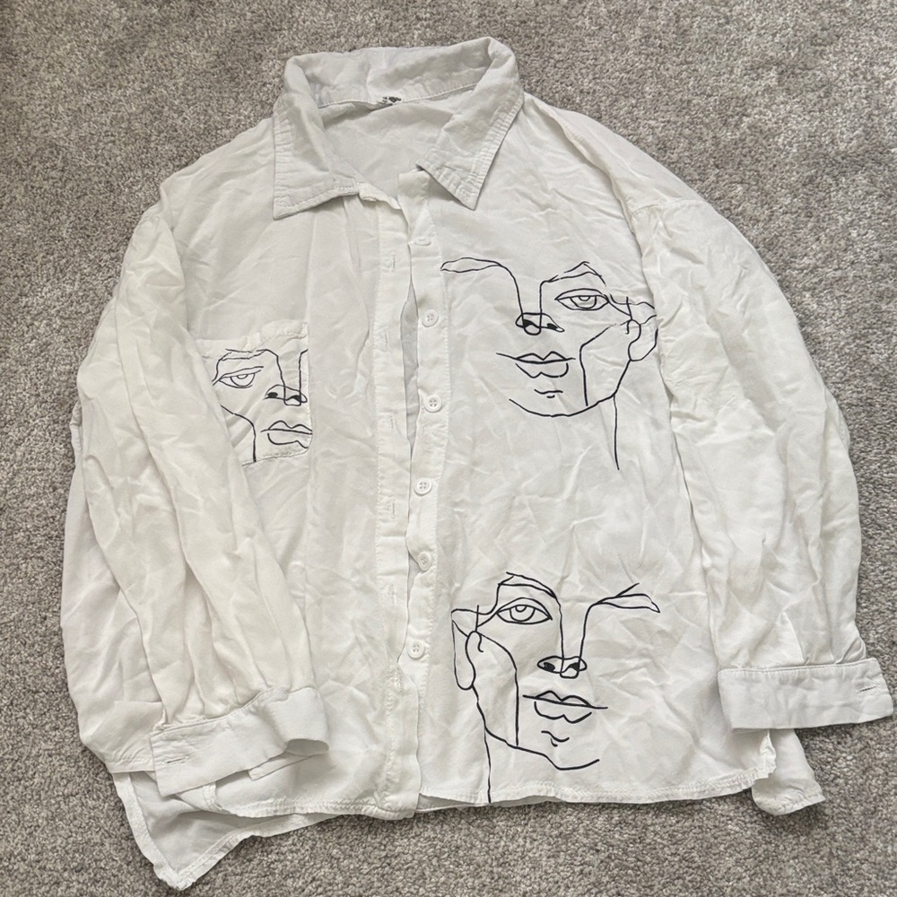 White Button-Up Shirt with Face Line Art